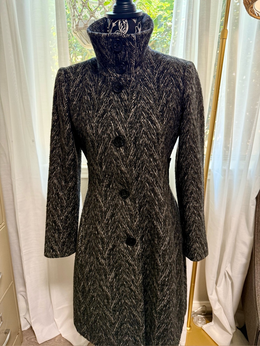 Via Spiga Black Herringbone Wool-Blend Trench Coat